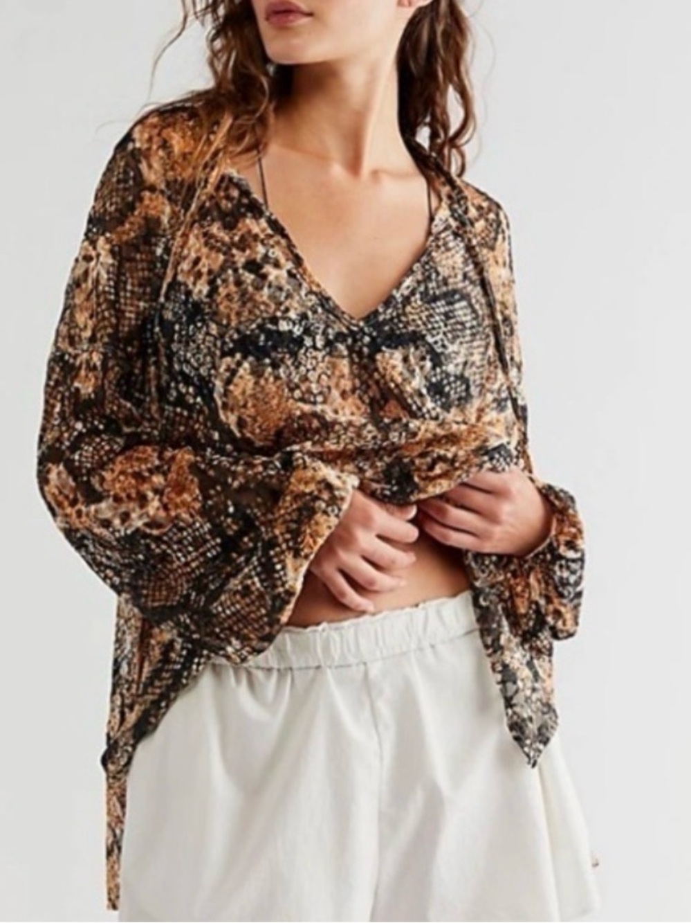 #656 FREE PEOPLE Out For The Night Tan and Black Snake-Print Tie-Neck Blouse